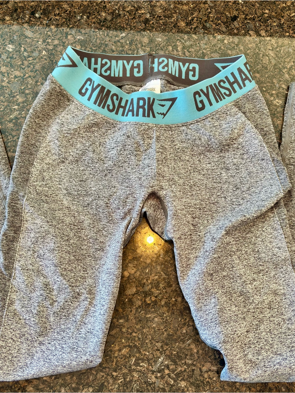 Gymshark 2-Toned Heather Gray/Charcoal Leggings, With Teal Logo Waistband